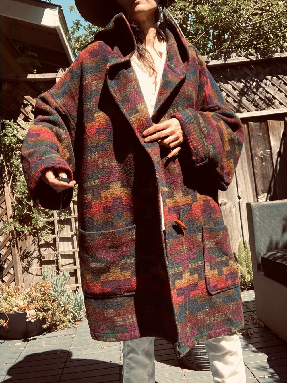 Vintage Native aztec print coat toggle XXL 80s 70s hooded jacket blanket western
